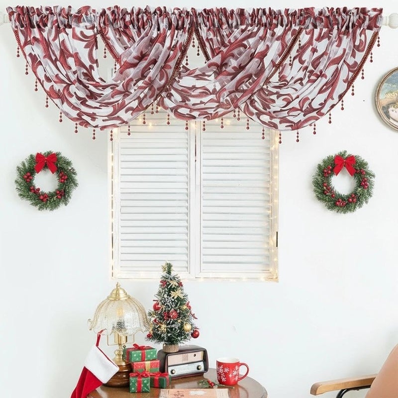 NAPEARL Burgundy Red Valance Curtain Christmas Sheer Decorative Window Sheer for Festival, Swag for Living Room, Dining, Small Windows (1 Valance, 40 x 17 Inch) - Image 3